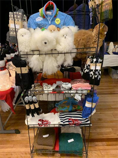 Items for sale in the store, stuffed animals, socks & sweaters